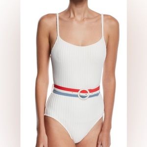 SOLID AND STRIPED white one piece with red white and blue belt